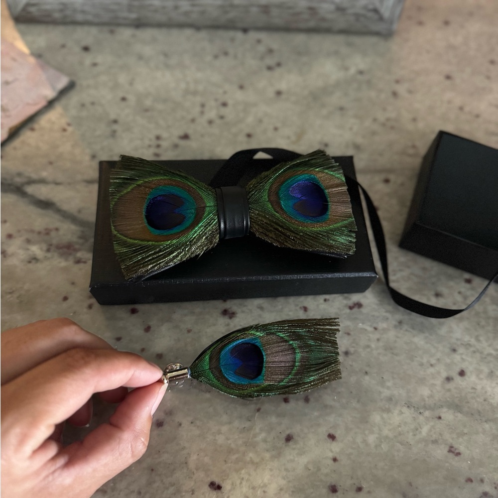 Peacock Feather Bow Tie and Lapel Pin Set